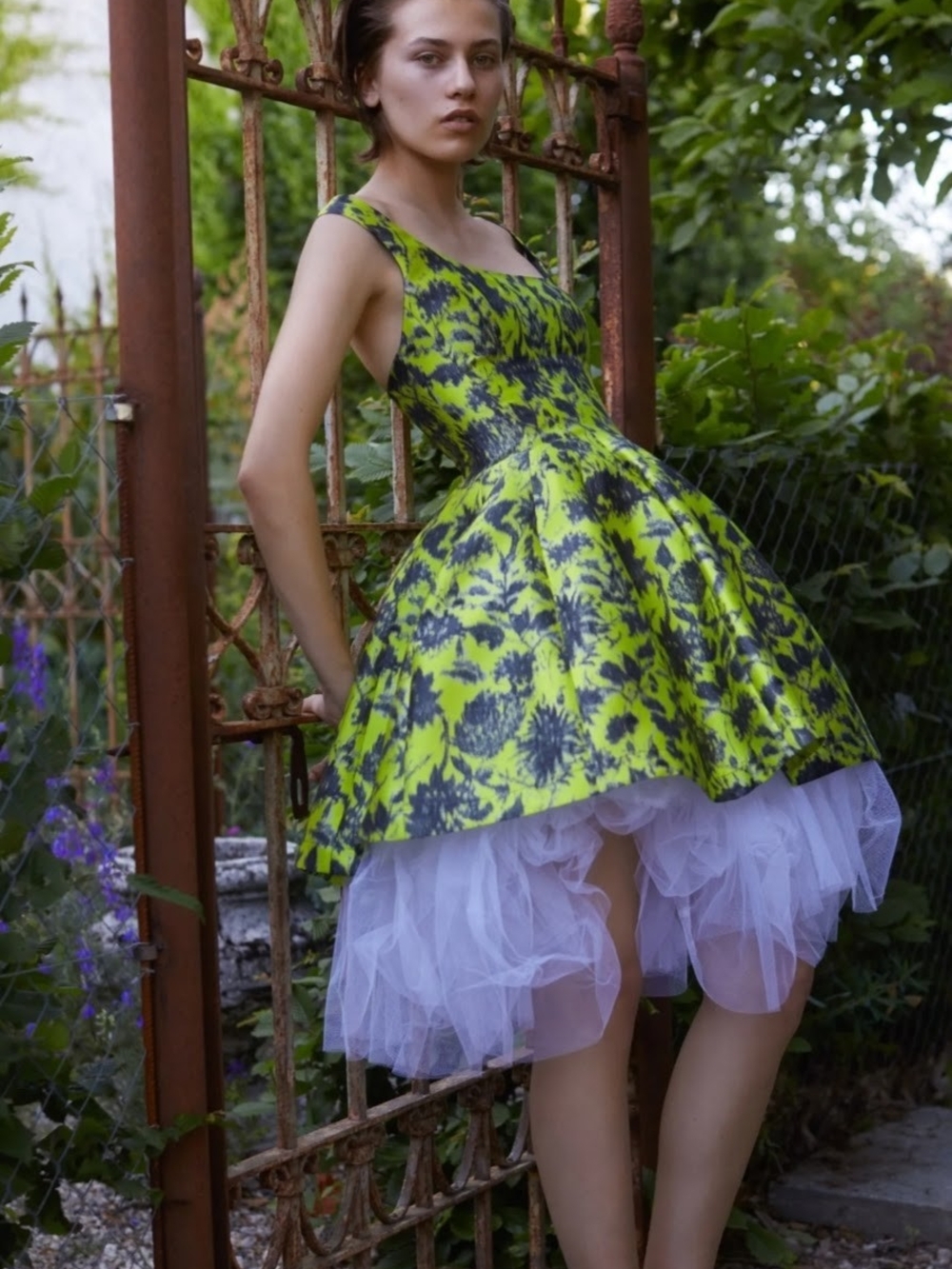 Floral High-Low Party Dress in Lime Green and Black with Tulle Hem